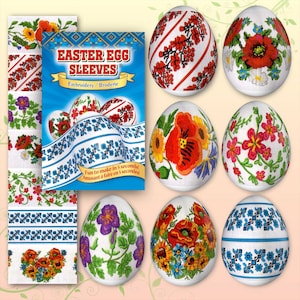 Può includere: Una collezione di uova di Pasqua decorate con ricami floreali. L'immagine include una confezione di manicotti per uova di Pasqua con il testo "EASTER EGG SLEEVES" e "Embroidery / Broderie". Le uova presentano papaveri rossi, fiori blu e altri disegni colorati.