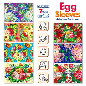Peut inclure: Manchons à œufs avec des motifs floraux de différentes couleurs. L'image présente sept motifs différents, dont des imprimés floraux rouges, bleus et violets. Le texte indique "Décorez 7 œufs avec plaisir !" et "Manchons à œufs film thermorétractable pour œufs."