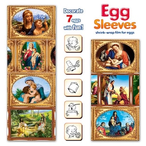 May include: Egg sleeves shrink-wrap film for eggs. The packaging features framed religious art and the text "Decorate 7 eggs with fun!" Instructions are shown with illustrations. The egg sleeves are designed to decorate eggs.