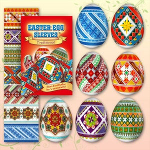 May include: An image featuring Easter egg sleeves and decorated eggs. The sleeves are red and display the text "Easter Egg Sleeves" and "Traditional". The eggs are adorned with vibrant geometric patterns in shades of blue, red, yellow, and green.