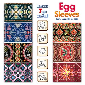 Puede incluir: Fundas para huevos, film retr&aacute;ctil para huevos. El embalaje presenta dise&ntilde;os coloridos y estampados en verde, azul, rojo y negro. El texto dice "&iexcl;Decora 7 huevos con diversi&oacute;n!" y "Fundas para huevos". Incluye instrucciones ilustradas.