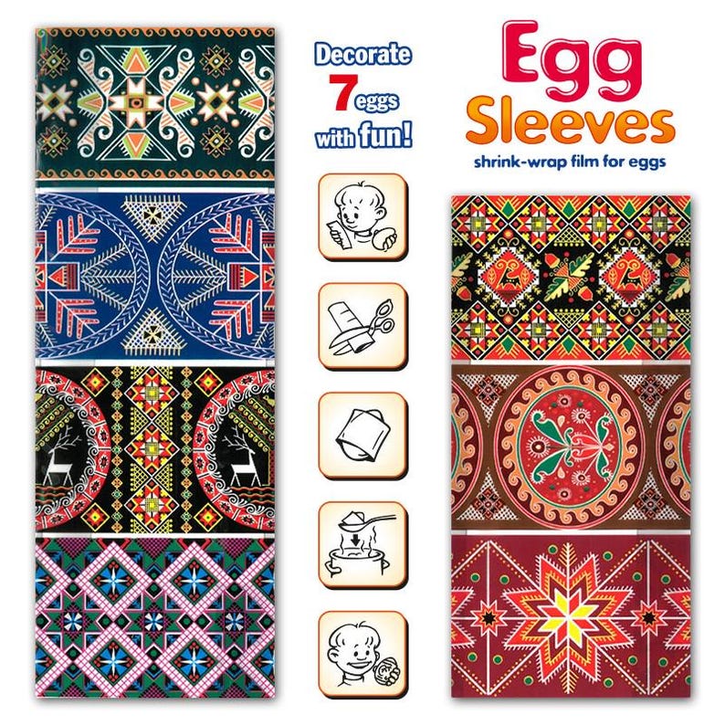 Puede incluir: Fundas para huevos, film retr&aacute;ctil para huevos. El embalaje presenta dise&ntilde;os coloridos y estampados en verde, azul, rojo y negro. El texto dice "&iexcl;Decora 7 huevos con diversi&oacute;n!" y "Fundas para huevos". Incluye instrucciones ilustradas.