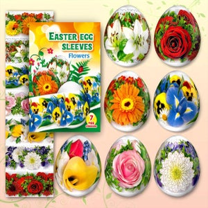 Puede incluir: Fundas para huevos de Pascua con diseños florales. El paquete dice "Easter Egg Sleeves Flowers" y contiene siete fundas. Los huevos están decorados con varias flores, incluyendo lirios, rosas y pensamientos, en colores vibrantes.