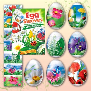 Puede incluir: Un paquete de film retráctil "Egg Sleeves" para huevos, con diseños primaverales. El paquete muestra huevos decorados con flores, mariposas y mariquitas. El texto en el paquete dice "Spring/Printemps".
