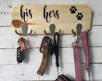 His Hers Paw, Outdoor Deck Sign, Leash and Key Holder for Wall