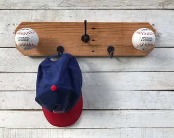 Baseball Hat Rack: Reclaimed Wood Sports Decor with Hooks