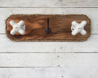 Rustic Towel Rack: Reclaimed Wood Bathroom Hooks with Vintage Faucet Knobs