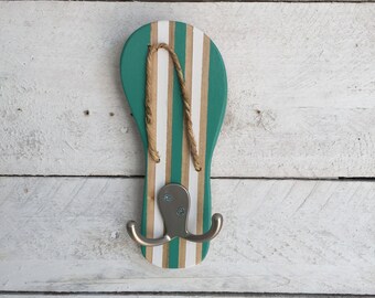 Flip Flop Towel Rack: Teal & White Striped Deck Sign
