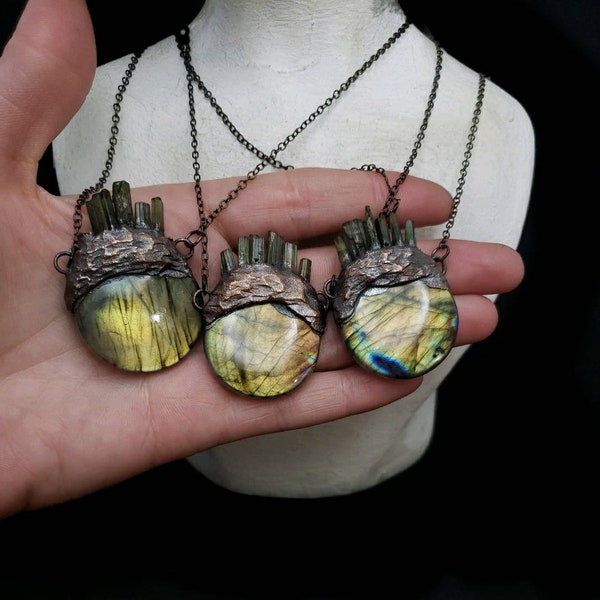 Labradorite and tourmaline pendant, tourmaline jewelry, labradorite pendant, raw tourmaline necklace.