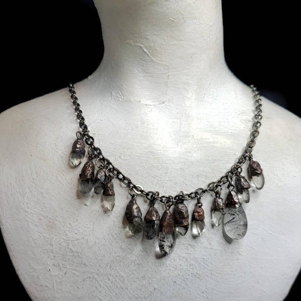 Quartz necklace, rutilated quartz necklace, prasiolite necklace, quartz drop necklace, quartz bib necklace, lodolite necklace.