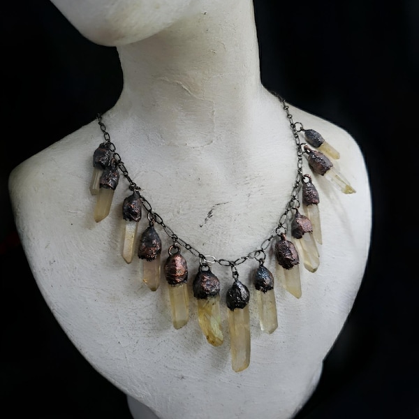 quartz bib necklace, quartz statement necklace, quartz point necklace, yellow quartz necklace.