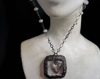 Sacred heart necklace, moonstone necklace, curio jewelry, oddities jewelry, quartz pendant.