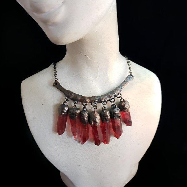 Red quartz necklace, quartz bib necklace, red quartz jewelry, bib necklace, statement piece.