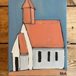 Original Church Painting Pink Church by Pam Killerlain 12 x 9 inch Acrylic on Gallery Wrapped Canvas Country Church, Classic Church Building