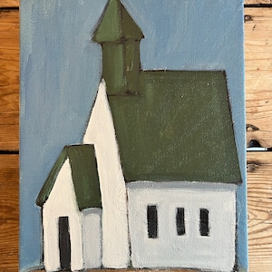 Original Church Painting by Pam Killerlain Green Church 12 x 9 inch Acrylic on Gallery Wrapped Canvas Country Church Classic Church Building