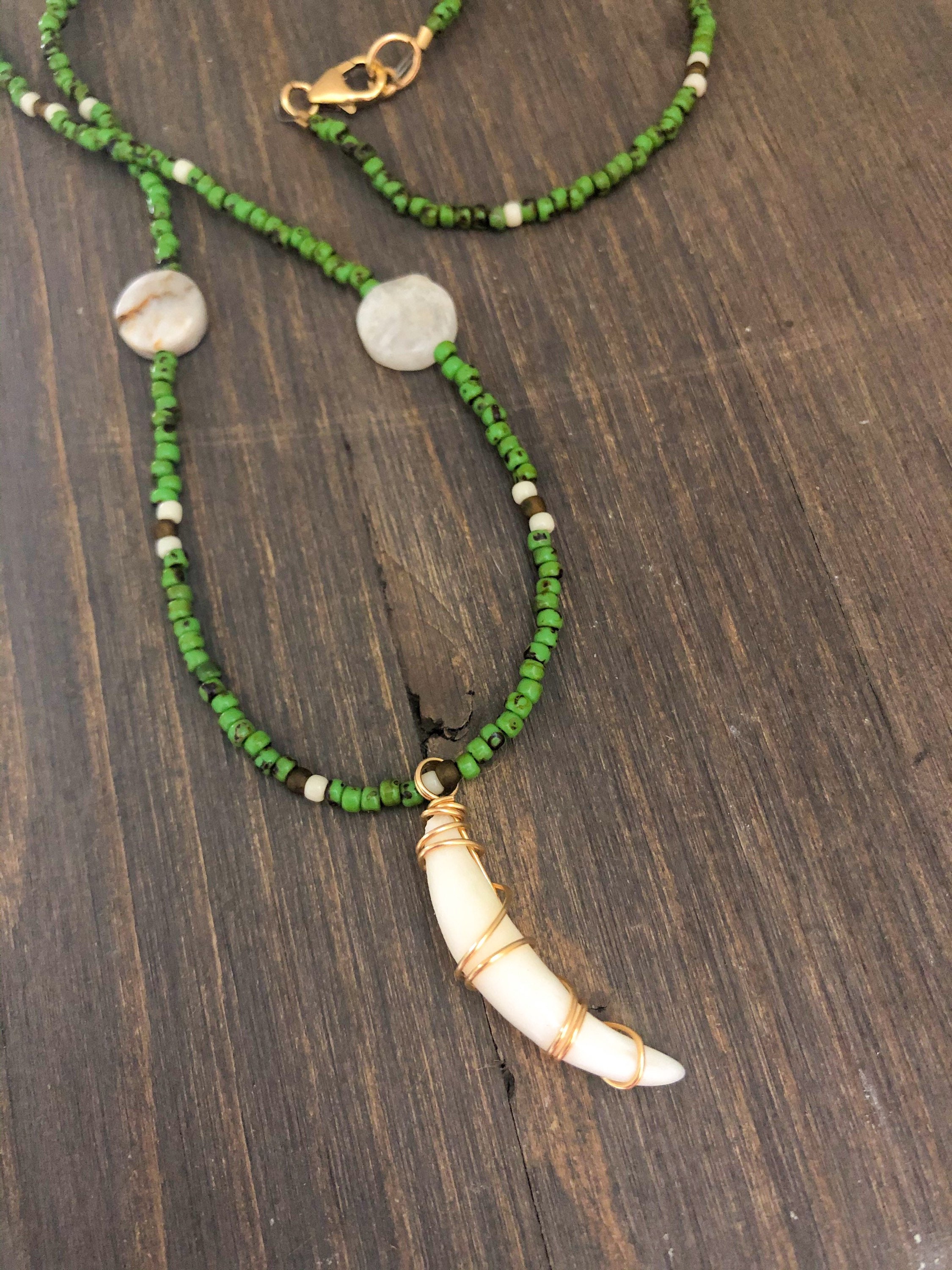 Bobcat Tooth & Brioche Agate Beaded Necklace Green | Etsy