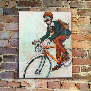 Home Décor Canvas Print, Fine Art Print, Giclée Print, Wall Art- OUT &#39;N ABOUT (Hipster Cyclist, Bicycle, Handlebar Mustache)- 16&quot; x 20&quot;