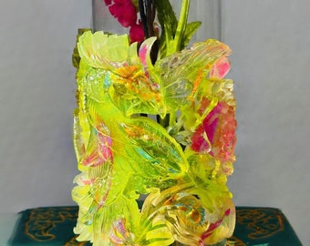 Gorgeous Pheonix Vase or Candle Holder~ Hand made with Resin and Glass, Irridescent, Shimmery, Translucent Lime with Pink accents