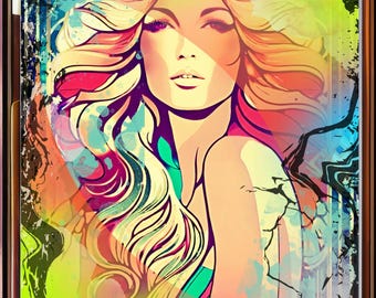 Original Pinup Wall Art with Modern twist, Neon Retro, Art Nouveau.Digital Download, High Resolution Printable, 300DPI Wall Art,