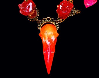 UV Activated Fiery Pendant | Sunset Glow Bird Skull Necklace | Boho Goth Statement Necklace UV Necklace, Skull Pendant, Gold Chain, Festival