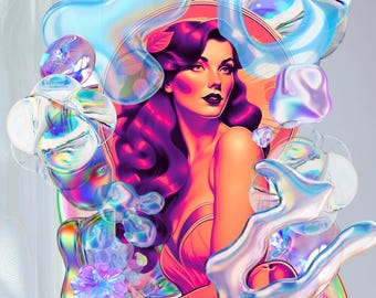 Original Pinup Wall Art with Modern twist, Neon Retro, Art Nouveau.Digital Download, High Resolution Printable, 300DPI Wall Art, Translucent
