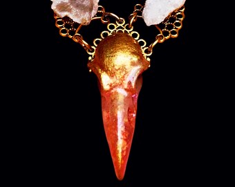 UV Activated Fiery Pendant | Golden Coral Glow Skull Necklace | Boho Goth Statement| Resin & Natural Quartz Crystal , Gold Chain, Festival