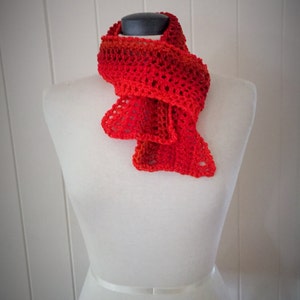 May include: A red crocheted scarf with a gradient of color from dark red to light red. The scarf is displayed on a white mannequin.