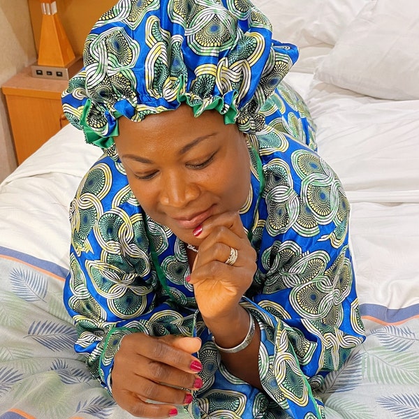 Satin robe with matching hair bonnet, Maternity Hospital robe gown