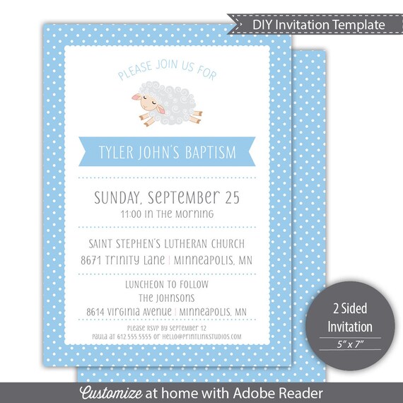 little lamb baptism invitation template printable blue etsy