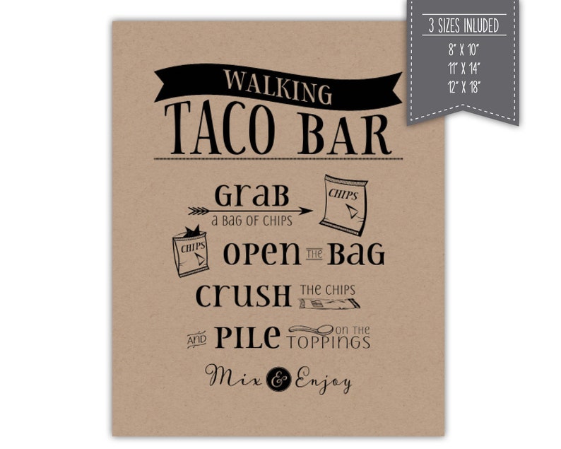 Walking Taco Bar Sign Printable 3 Sizes 2 Versions | Etsy