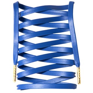 May include: Blue leather shoelaces with gold tips, woven into a criss-cross pattern.