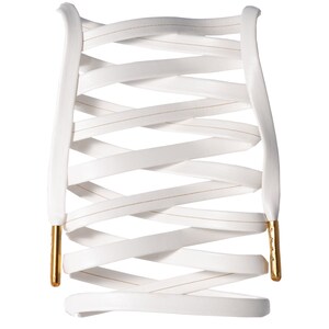 May include: White leather shoelaces with gold metal aglets, woven in a criss-cross pattern.