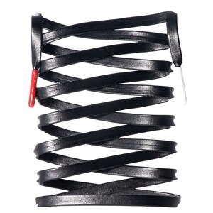 May include: Black leather cord with red and white accents, woven into a criss-cross pattern.