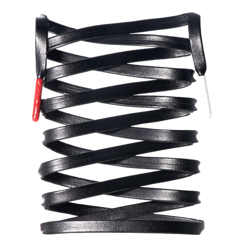 May include: Black leather cord with red and white accents, woven into a criss-cross pattern.