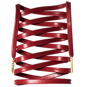 May include: Red leather shoelaces with gold metal tips, woven into a criss-cross pattern.