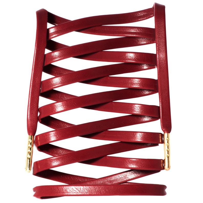 May include: Red leather shoelaces with gold metal tips, woven into a criss-cross pattern.