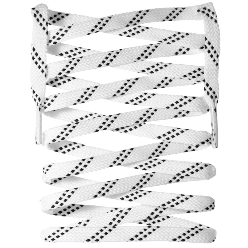 May include: White and black hockey laces with a diamond pattern. The laces are tied together in a criss-cross pattern.