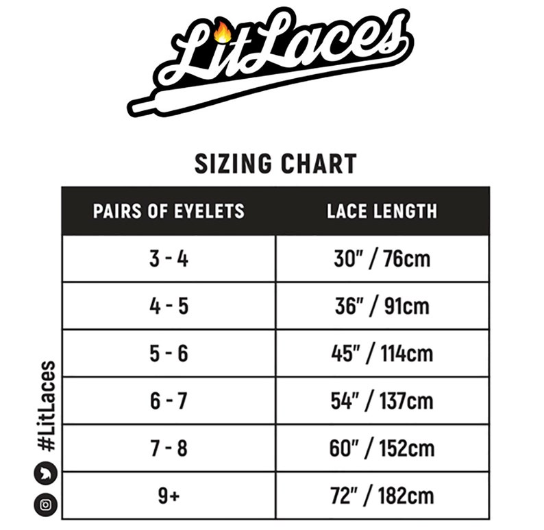 May include: A black and white sizing chart for shoelaces, showing the number of pairs of eyelets and the corresponding lace length in inches and centimeters. The chart is titled "Sizing Chart" and includes the brand name "LitLaces".