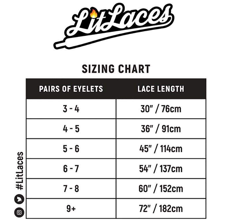May include: A black and white sizing chart for shoelaces, showing the number of pairs of eyelets and the corresponding lace length in inches and centimetres. The chart is titled "Sizing Chart" and includes the brand name "LitLaces".
