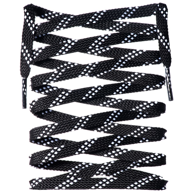 May include: Black and white shoelaces with a diamond pattern. The shoelaces are made of a woven fabric and are approximately 100 cm long.