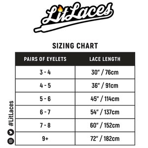 May include: A black and white sizing chart for shoelaces, showing the number of pairs of eyelets and the corresponding lace length in inches and centimeters. The chart is titled "Sizing Chart" and includes the brand name "LitLaces".