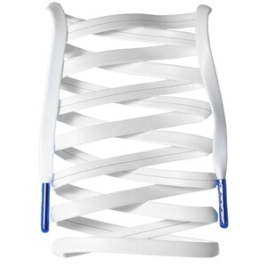 May include: White shoelaces with blue aglets, tied in a criss-cross pattern.