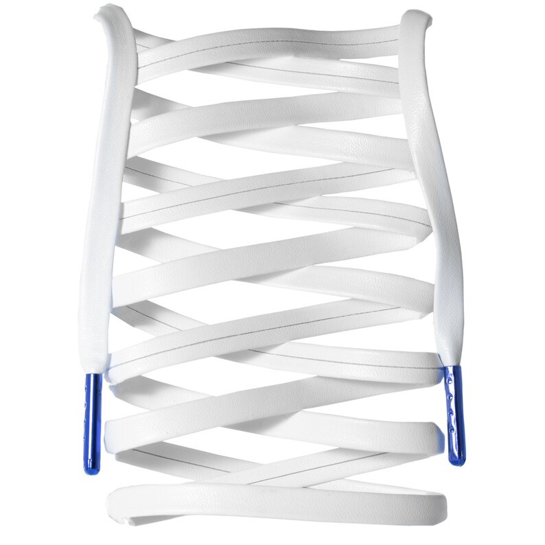May include: White shoelaces with blue aglets, tied in a criss-cross pattern.