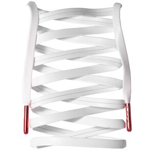May include: White leather shoelaces with red aglets, crisscrossed in a decorative pattern.