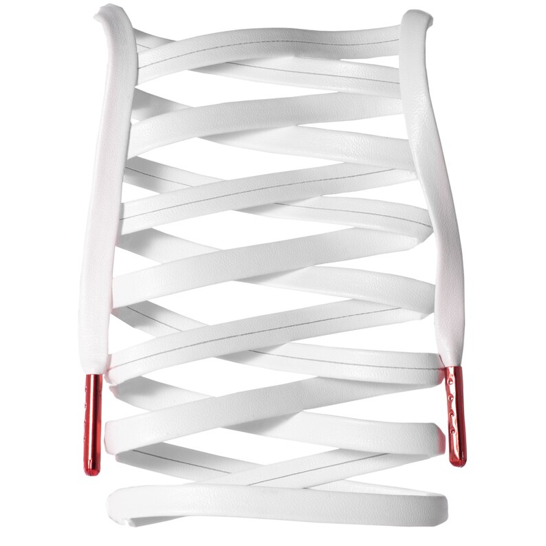 May include: White leather shoelaces with red aglets, crisscrossed in a decorative pattern.