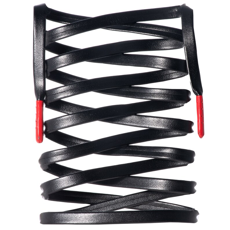 May include: Black leather shoelaces with red tips, tied in a criss-cross pattern.