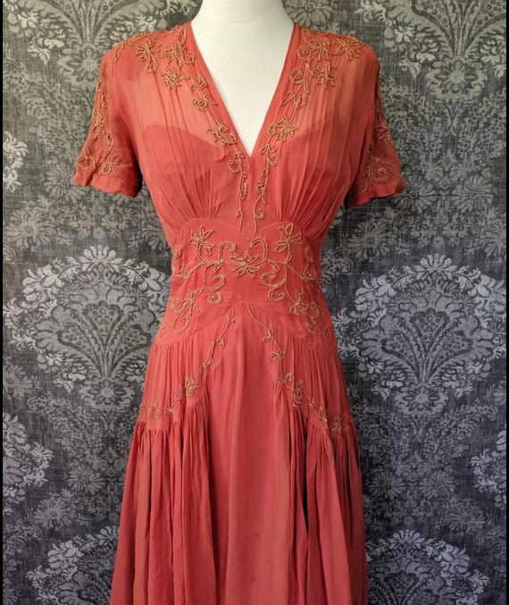 1940s Art Deco Silk Gown - Vintage, Pink, Coral, … - image 3