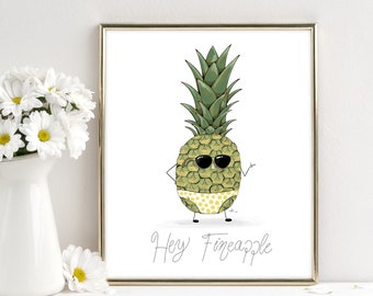 Hey Fineapple - Fine Art Print or Card - Punny Artwork - Funny Pineapple Kitchen Art