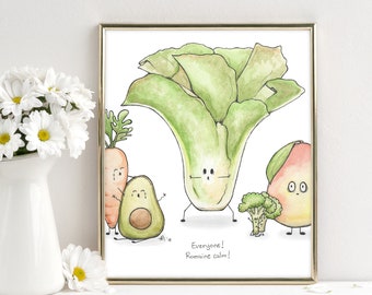 Everyone! Romaine calm! - Fine Art Print or Card - Food Puns - Funny Watercolor Art Print