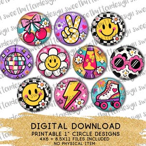 May include: A set of ten circular digital designs featuring colorful graphics including cherries, a peace sign, smiley faces, a disco ball, a lava lamp, flower-shaped sunglasses, a lightning bolt, and a roller skate, with text stating DIGITAL DOWNLOAD.